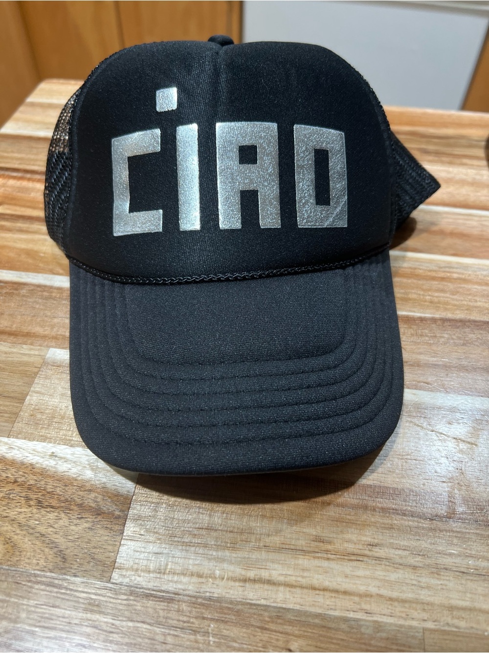 Clare V Black Trucker Cap with Silver Lettering CIAO